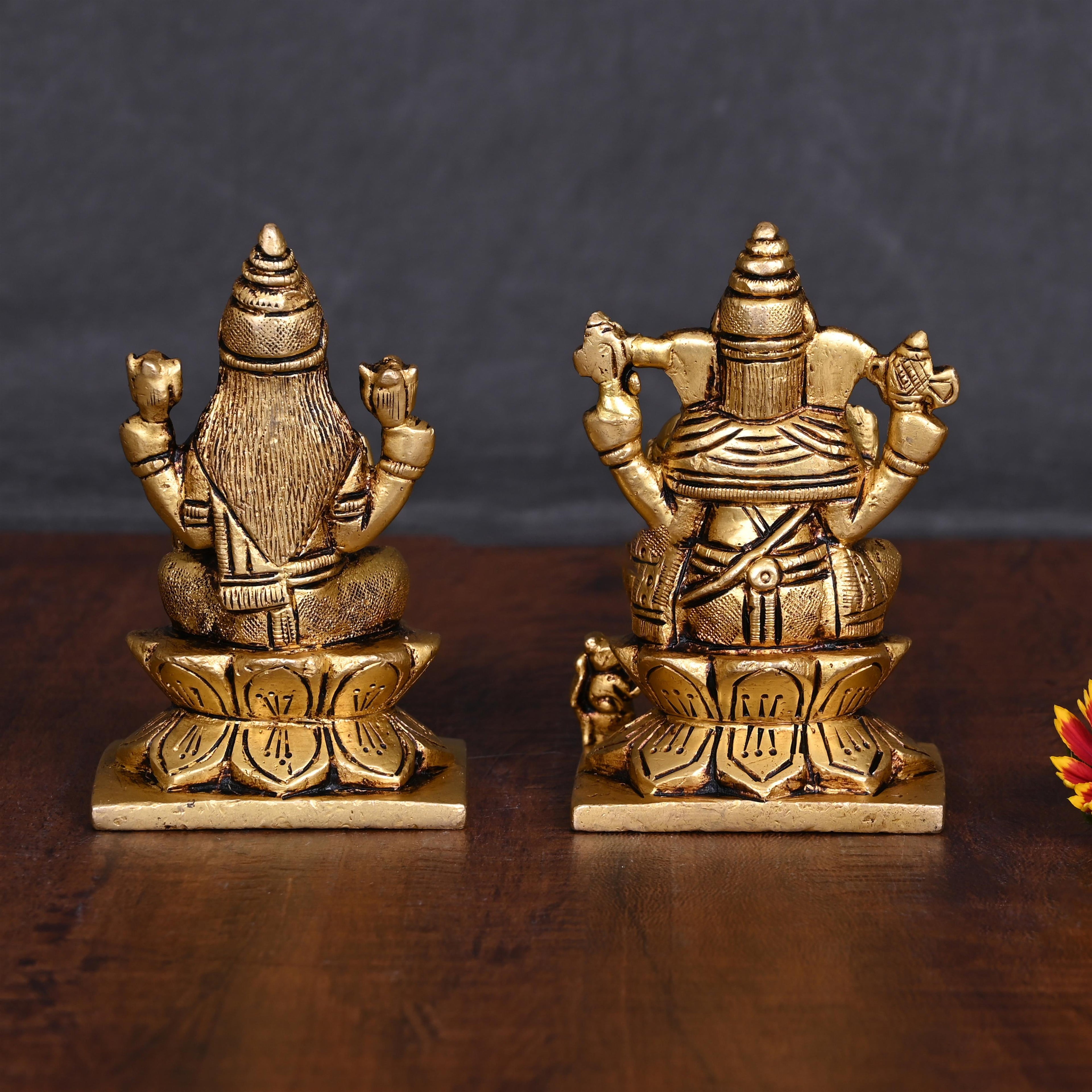 Brass Sitting Ganesha And Lakshmi Idols Set (3.5 Inch) Vedansh Craft