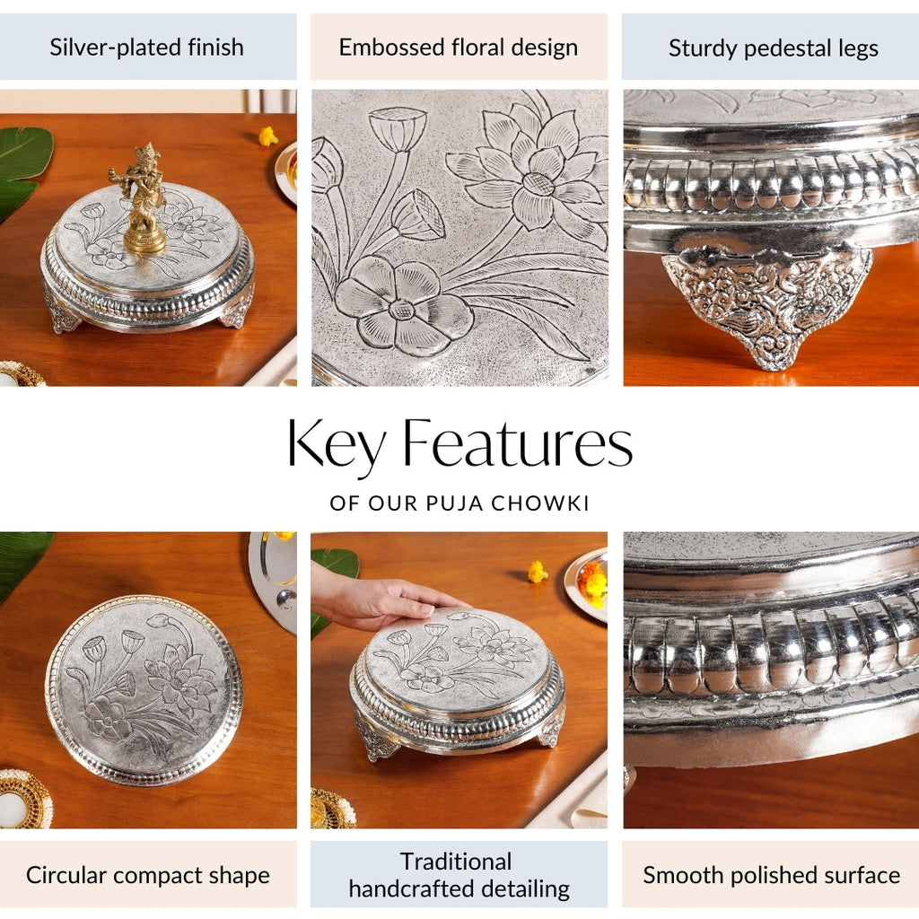 Hibiscus Brass Pooja Chowki With Silver Polish 22x8cm Nestasia