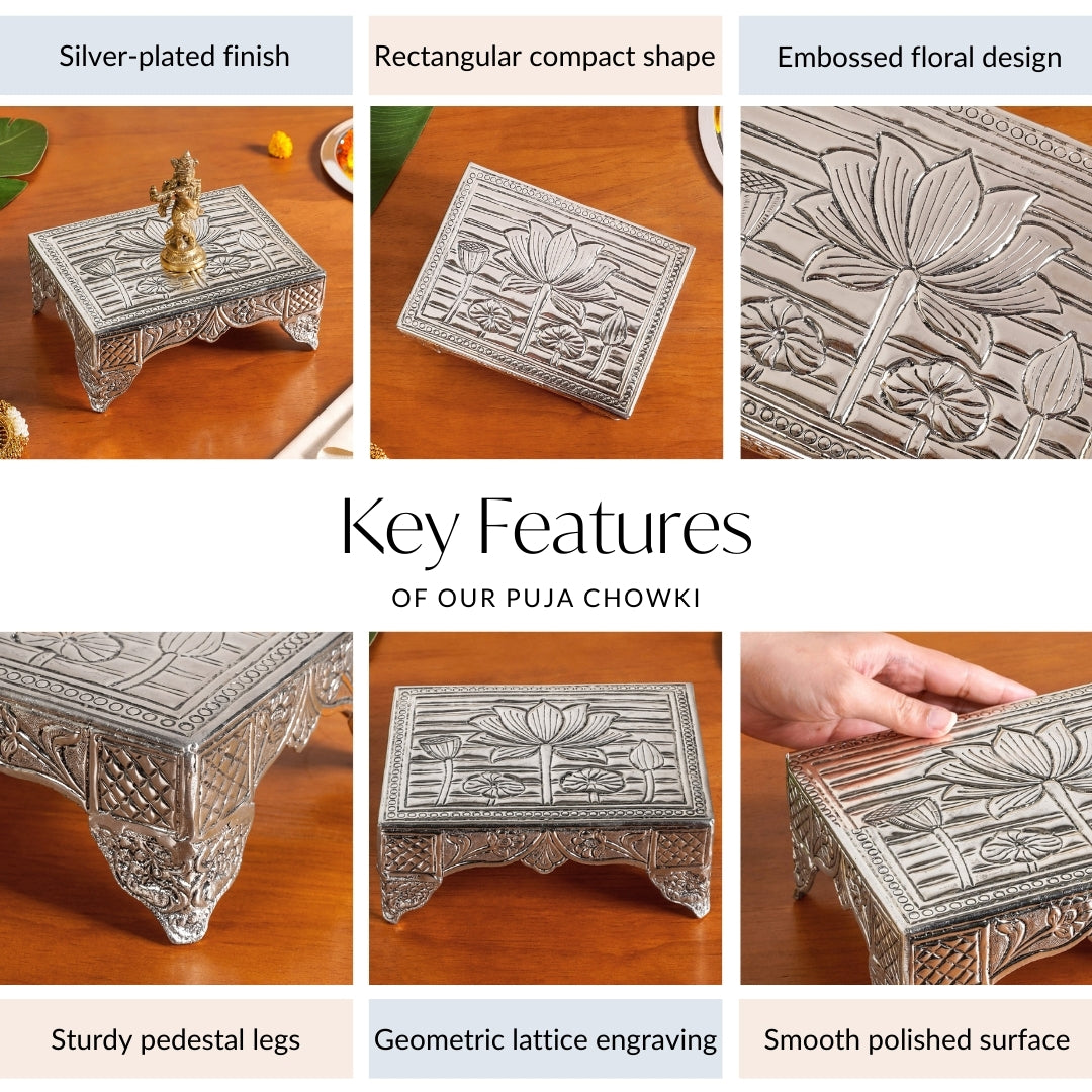 Lotus Design Pure Brass Puja Chowki With Silver Polish 20x15cm Nestasia