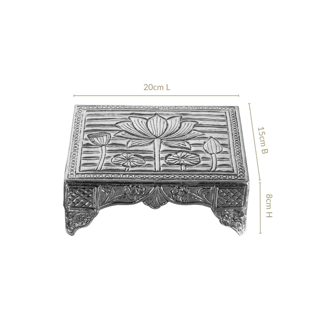 Lotus Design Pure Brass Puja Chowki With Silver Polish 20x15cm Nestasia