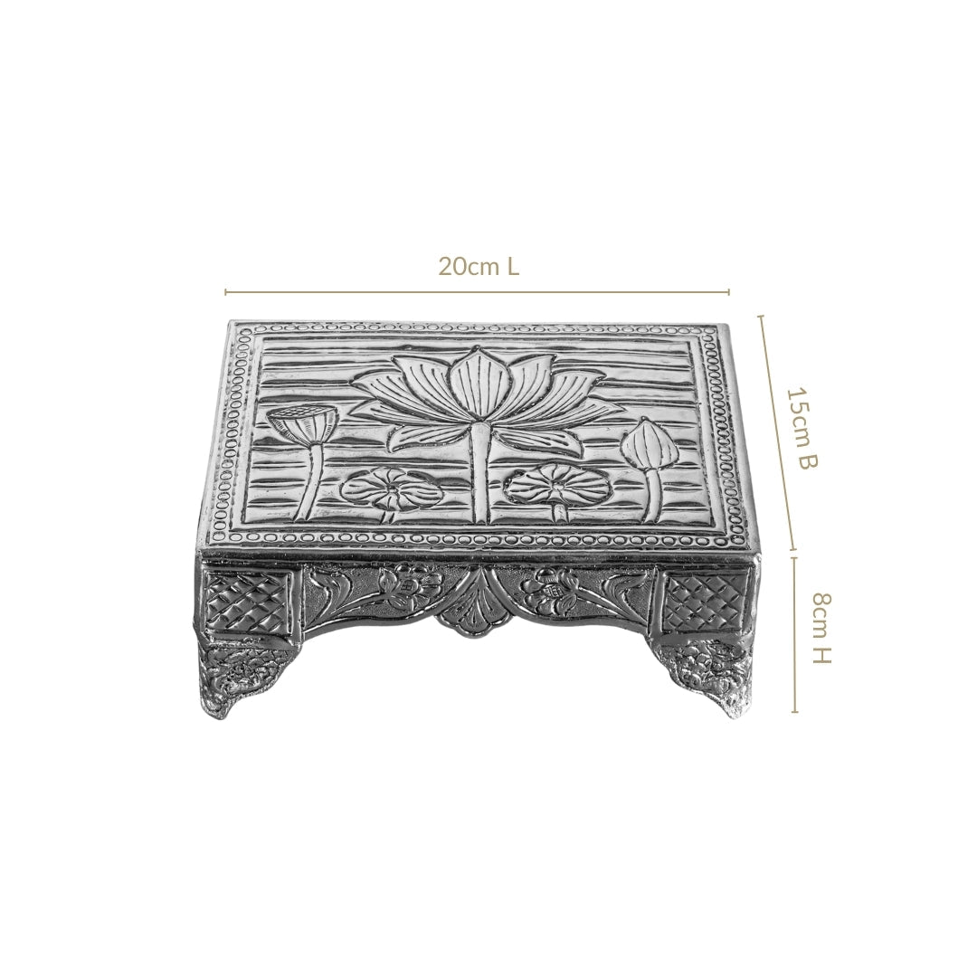 Lotus Design Pure Brass Puja Chowki With Silver Polish 20x15cm Nestasia