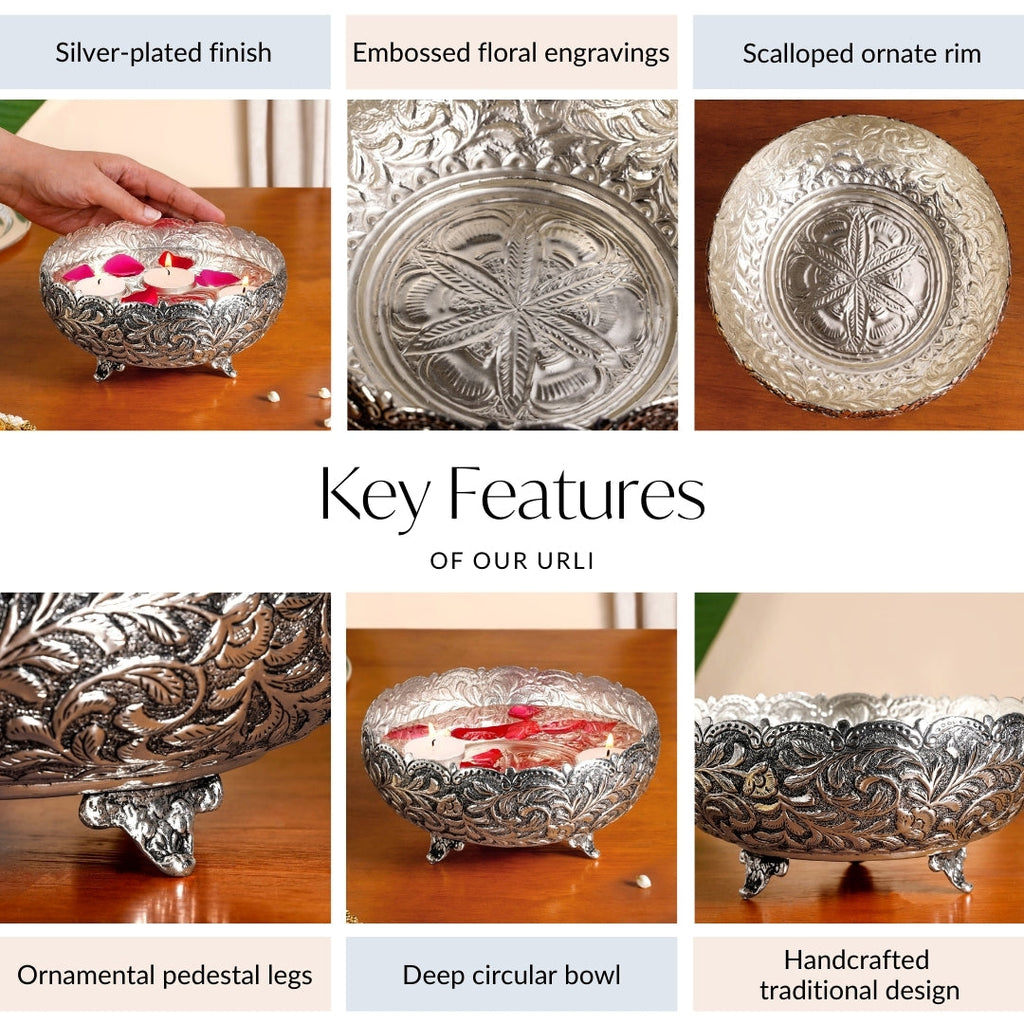 Floral Pure Brass Urli With Silver Polish 17cm Nestasia