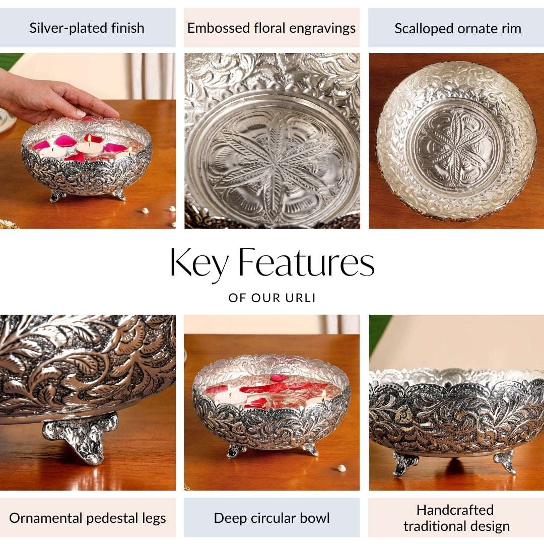 Floral Pure Brass Urli With Silver Polish 17cm Nestasia