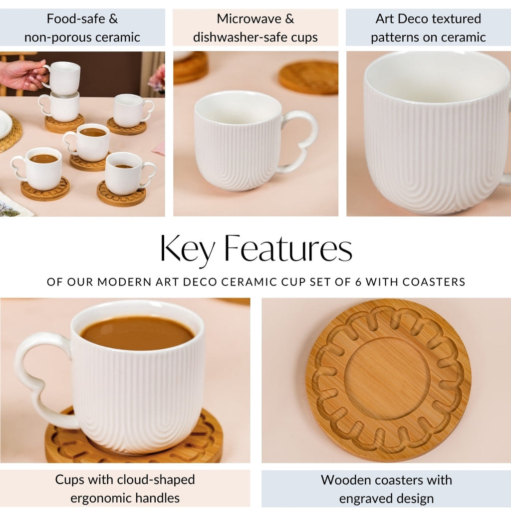Modern Art Deco Ceramic Cup Set Of 6 With Coasters 200ml Nestasia