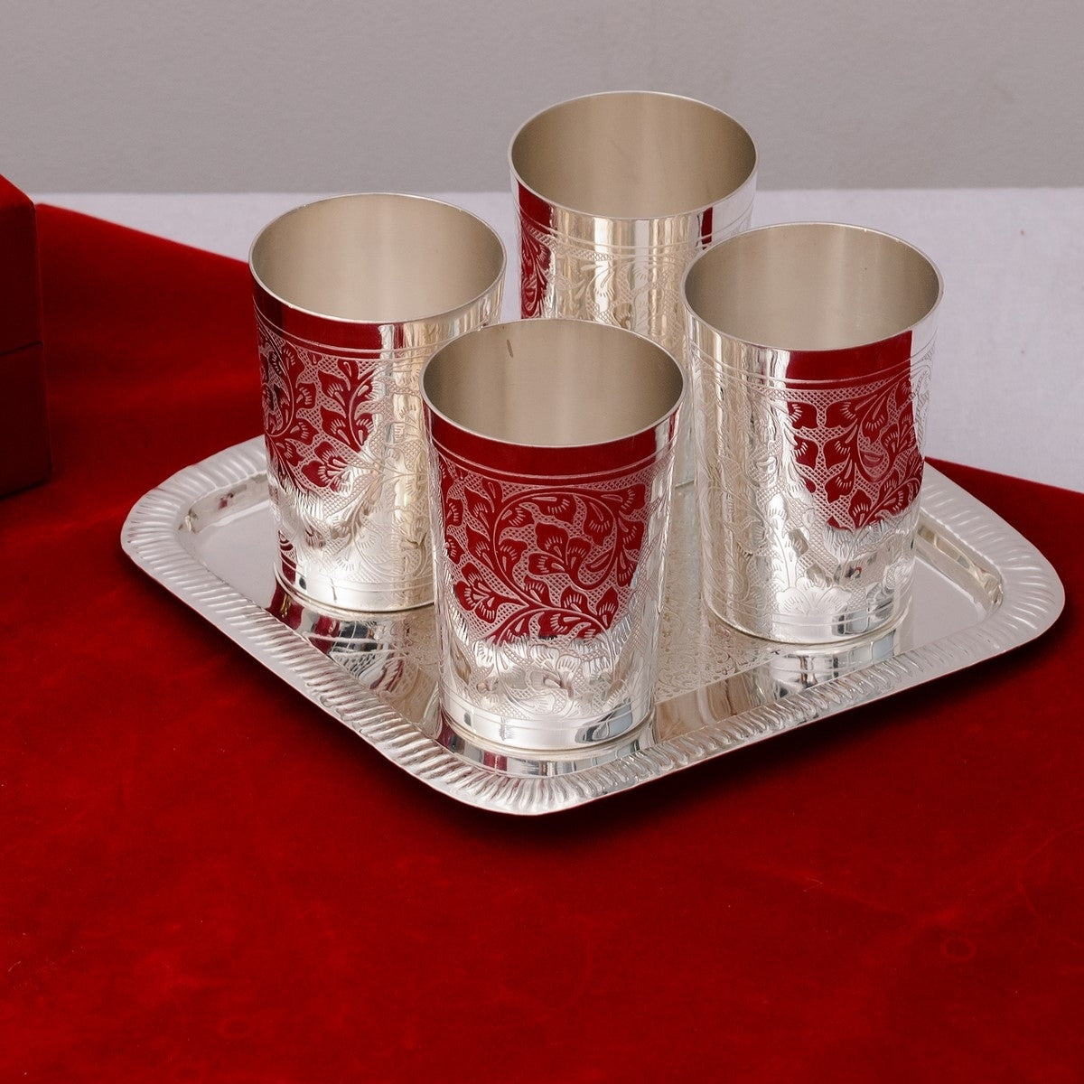 German Silver Glass Set of 4 with Velvet Box Kafalo