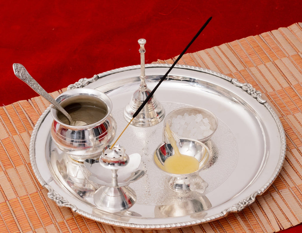German Silver Pooja Thali Set with Beautiful Velvet Box Kafalo