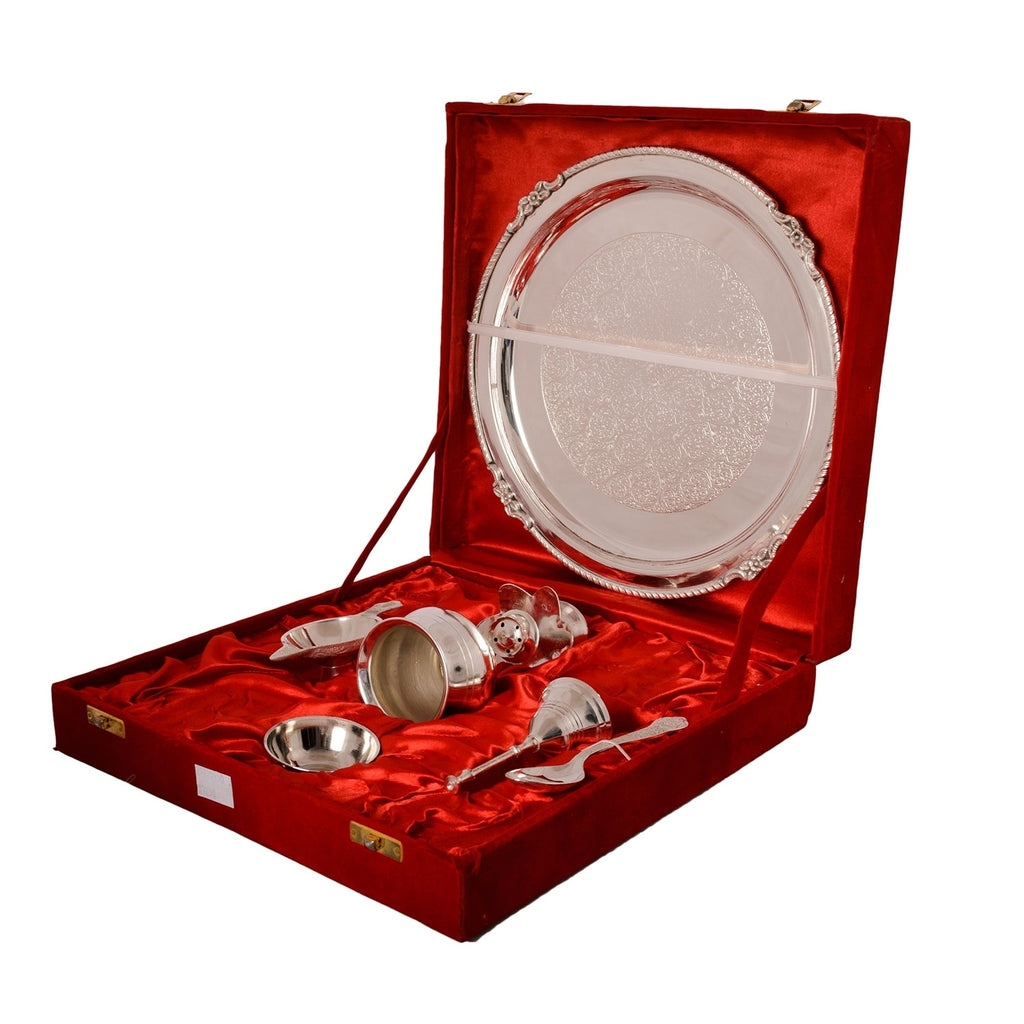 German Silver Pooja Thali Set with Beautiful Velvet Box Kafalo