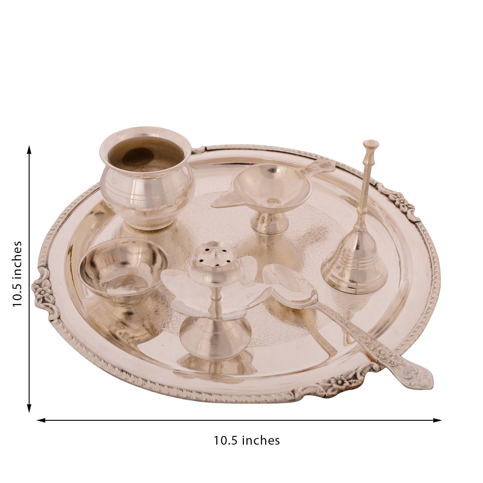 German Silver Pooja Thali Set with Beautiful Velvet Box Kafalo
