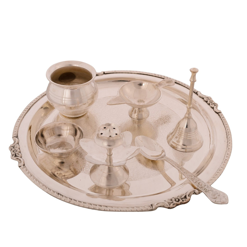 German Silver Pooja Thali Set with Beautiful Velvet Box Kafalo