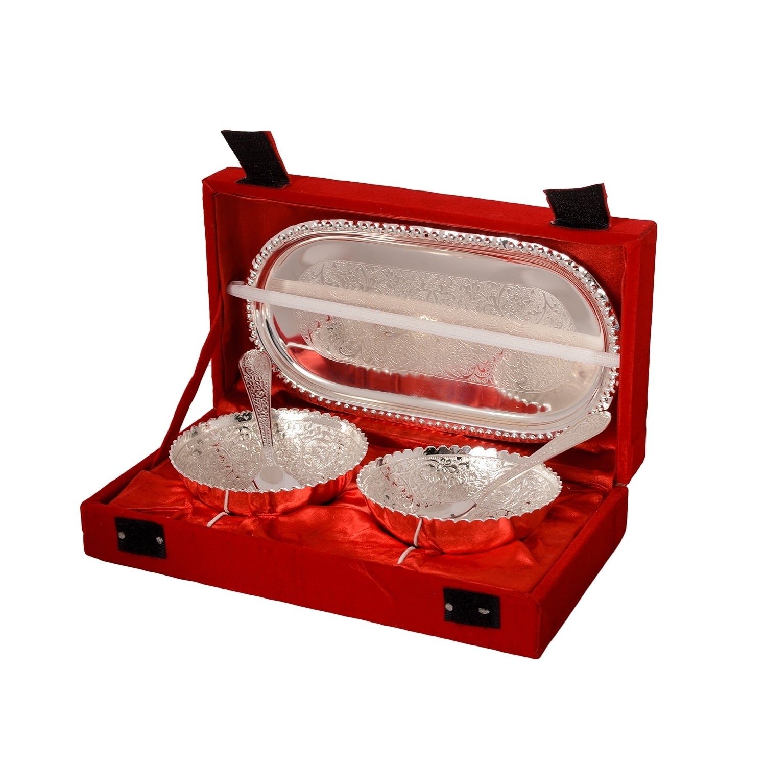 German Silver Multiutility Decorative Platter 2 Bowl Set with Velvet Box Kafalo