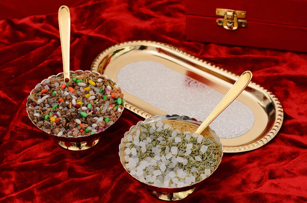 German Silver Multiutility Decorative Platter 2 Golden Bowl Set With Velvet Box Kafalo