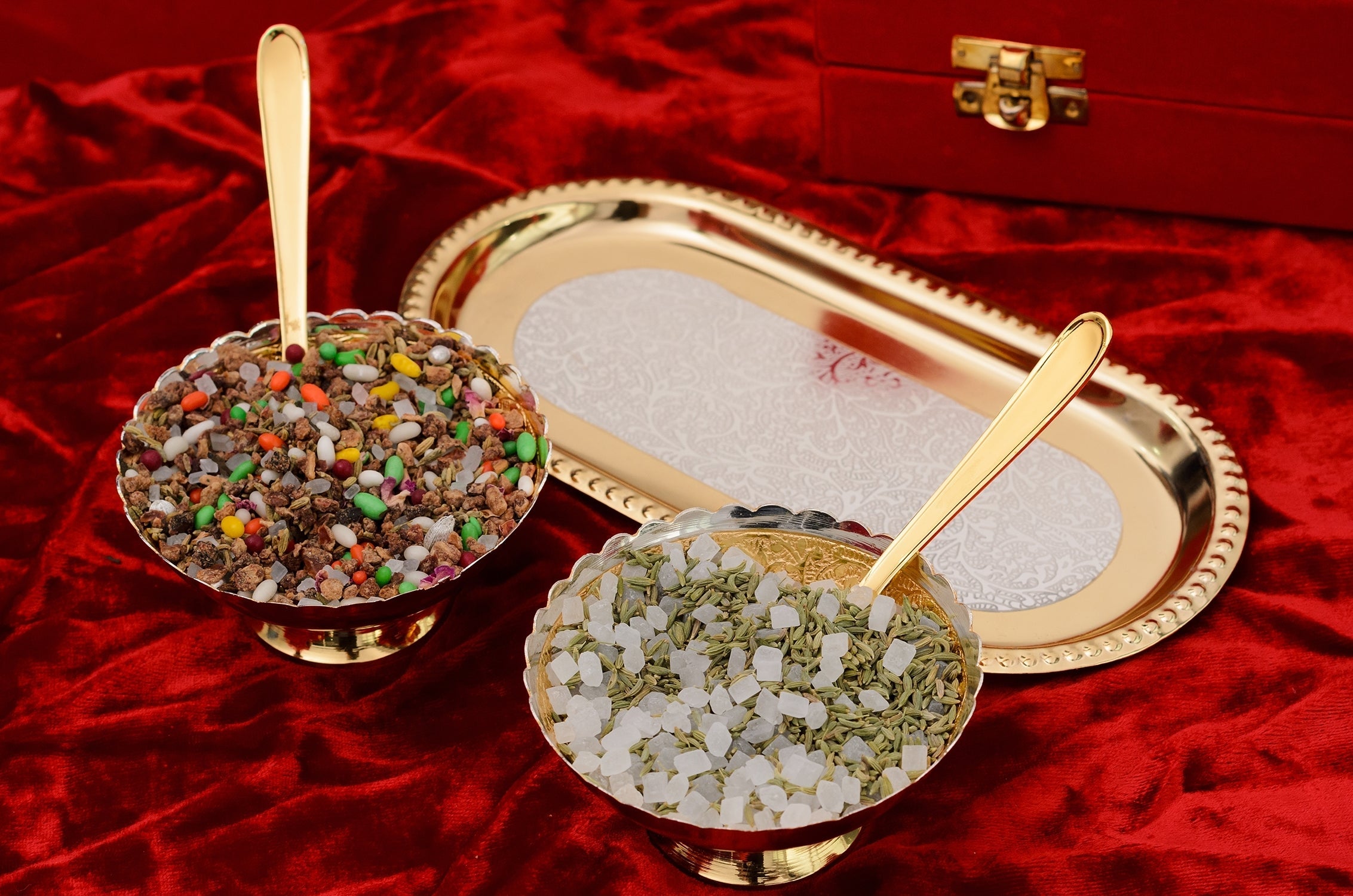 German Silver Multiutility Decorative Platter 2 Golden Bowl Set With Velvet Box Kafalo