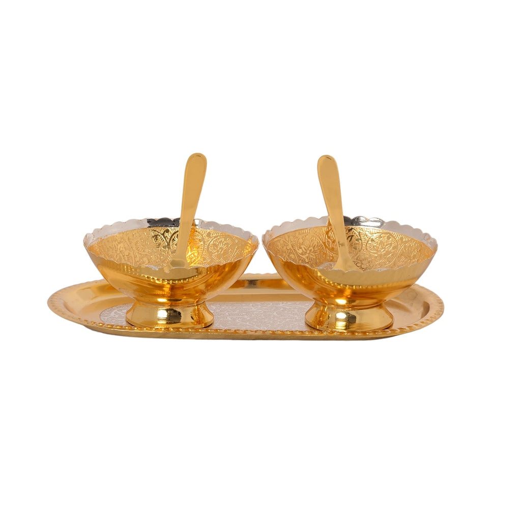 German Silver Multiutility Decorative Platter 2 Golden Bowl Set With Velvet Box Kafalo
