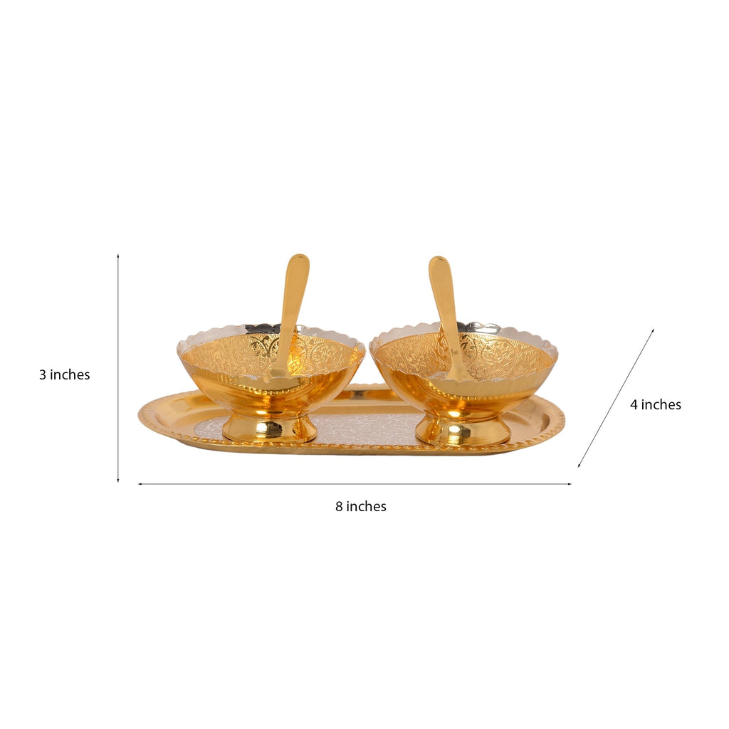 German Silver Multiutility Decorative Platter 2 Golden Bowl Set With Velvet Box Kafalo