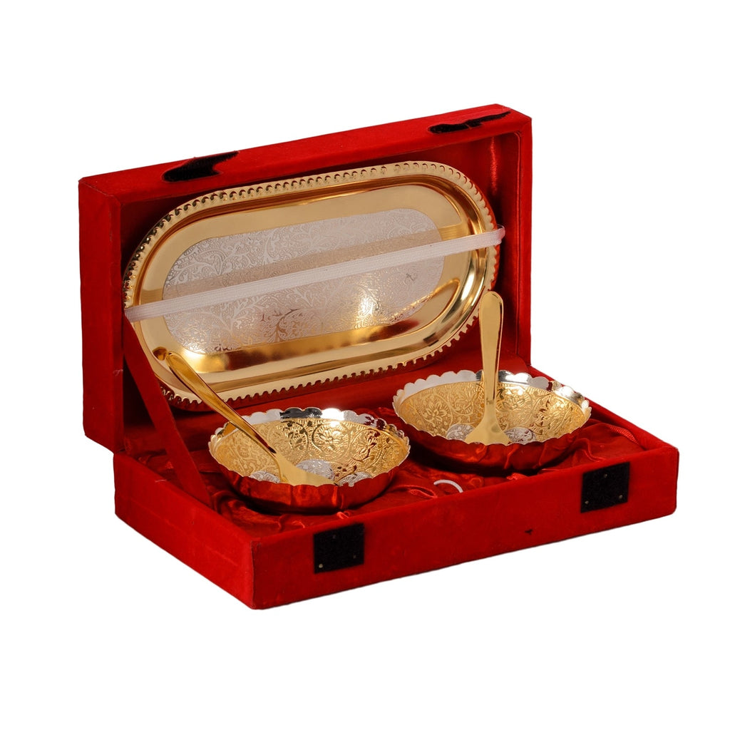 German Silver Multiutility Decorative Platter 2 Golden Bowl Set With Velvet Box Kafalo
