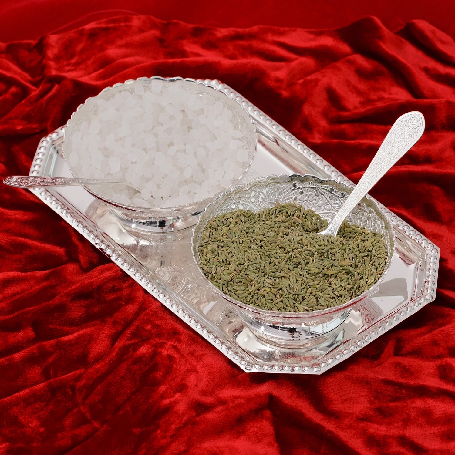 German Silver Multiutility Decorative Platter 2 Silver Bowl Set with Velvet Box Kafalo
