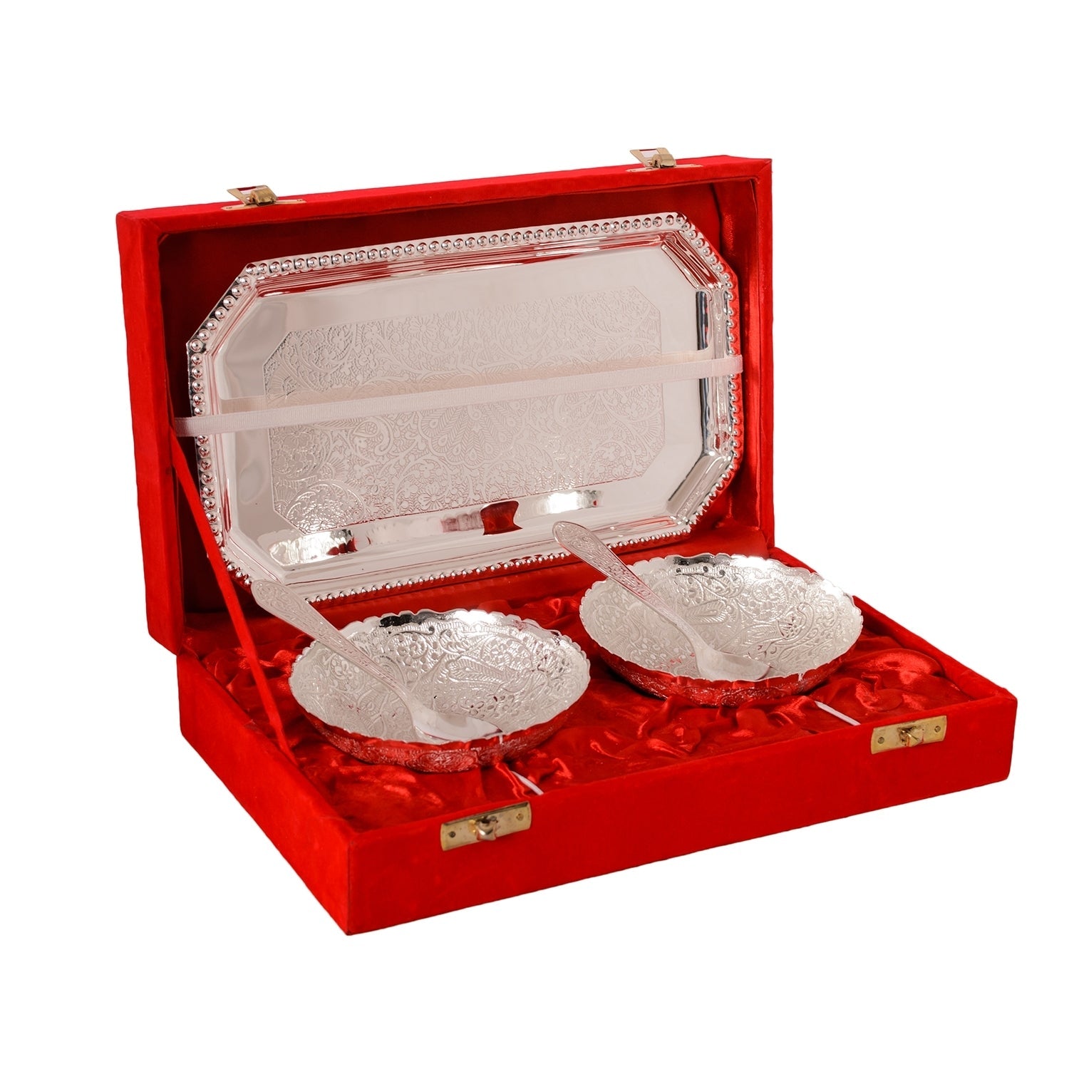 German Silver Multiutility Decorative Platter 2 Silver Bowl Set with Velvet Box Kafalo