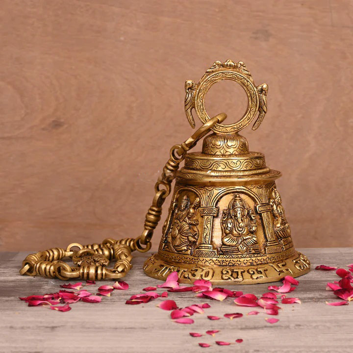 Brass Superfine Ganesha, Lakshmi And Saraswati Hanging Temple Bell (32.5 Inch) Vedansh Craft