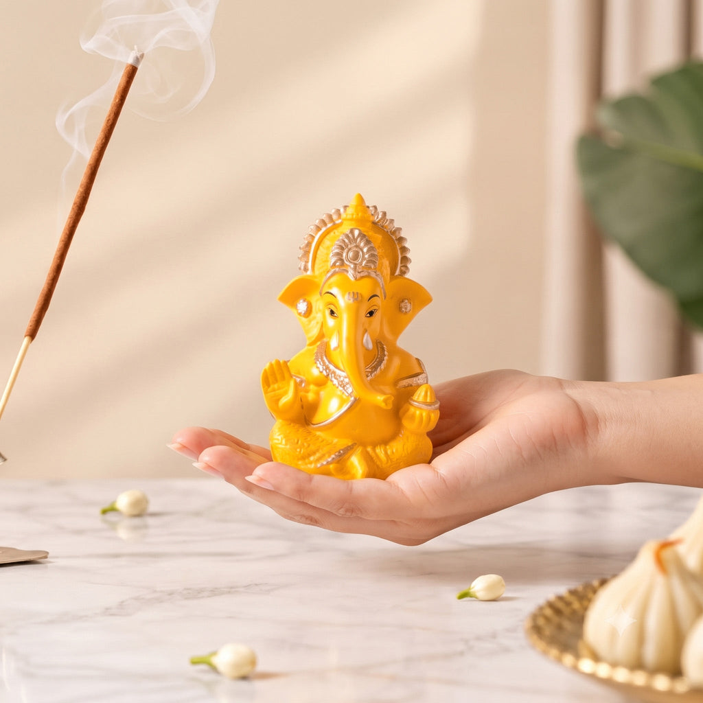 Mini Ganesh Idol For Home And Office Yellow 9cm Nestasia