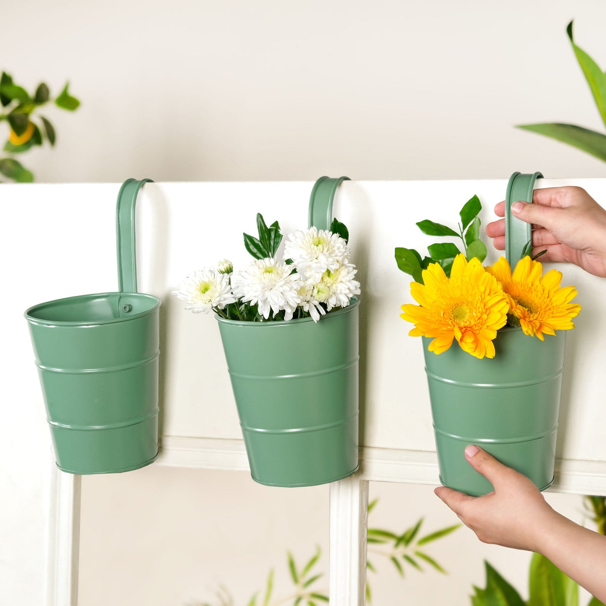 Garden Muse Hanging Flower Bucket Set Of 3 Sage Green Nestasia