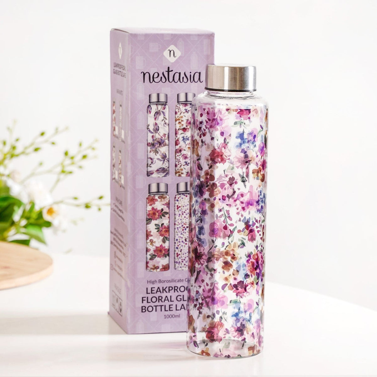 Garden Rose Large Glass Water Bottle 1000ml Nestasia