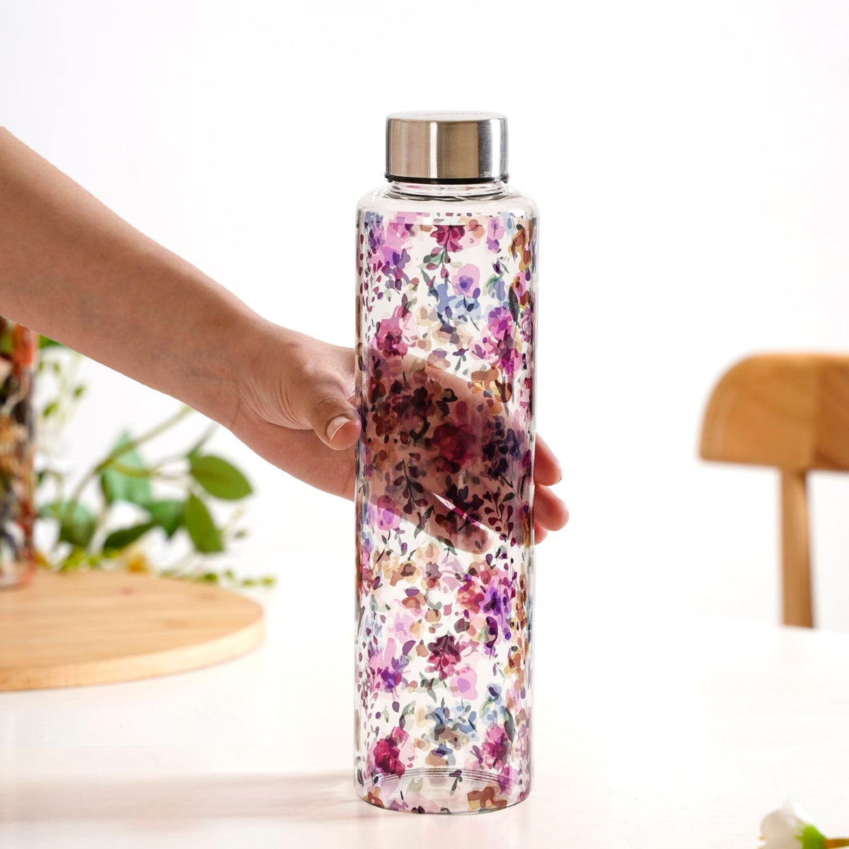 Garden Rose Large Glass Water Bottle 1000ml Nestasia