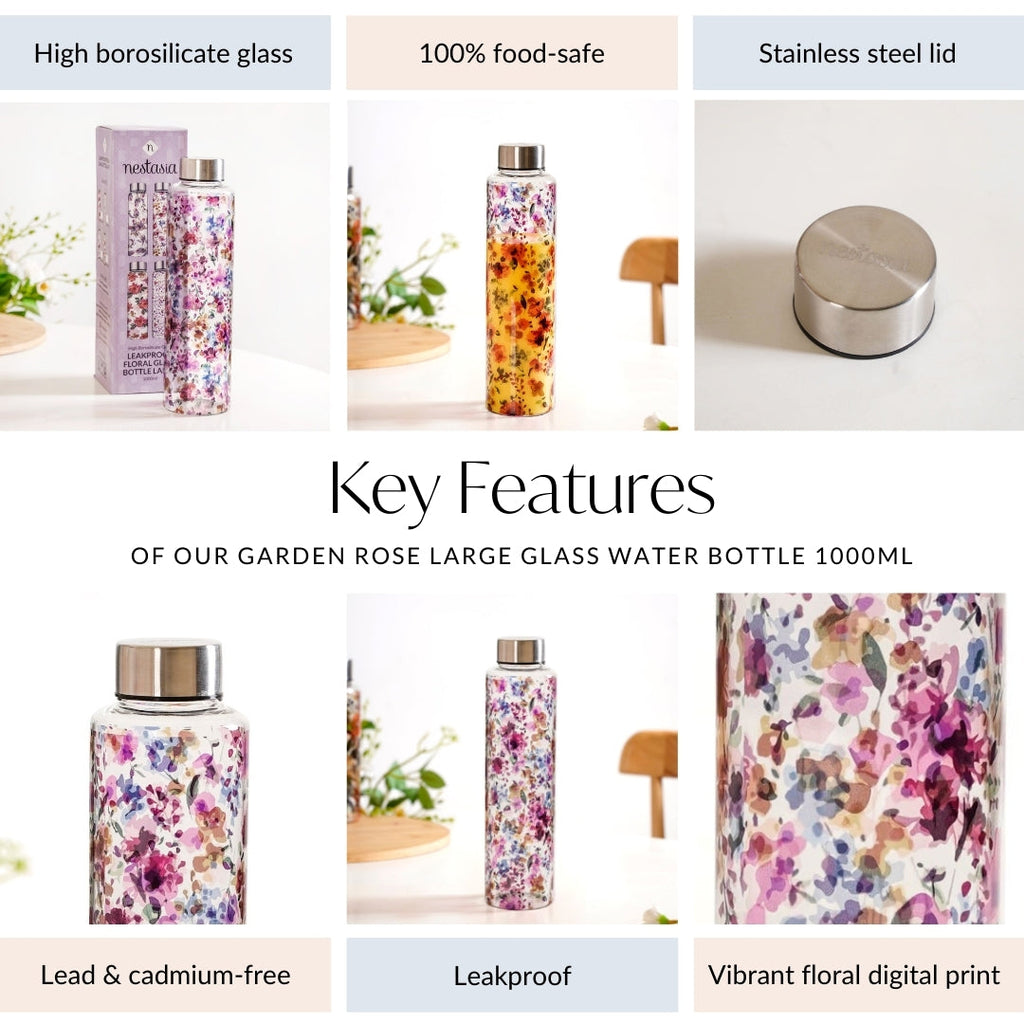 Garden Rose Large Glass Water Bottle 1000ml Nestasia