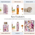 Garden Rose Large Glass Water Bottle 1000ml Nestasia
