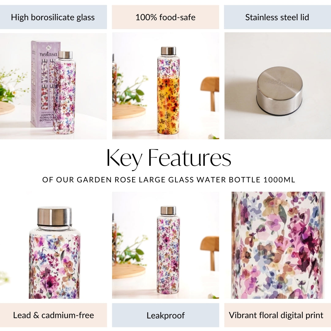 Garden Rose Large Glass Water Bottle 1000ml Nestasia