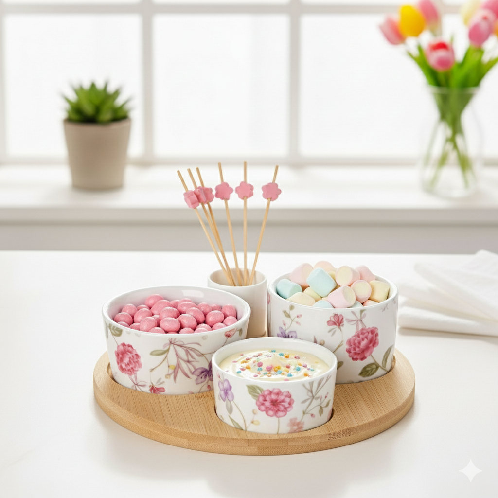 Soft Girl Floral Print Bowls With Tray And Toothpick Holder Set Of 6 Nestasia