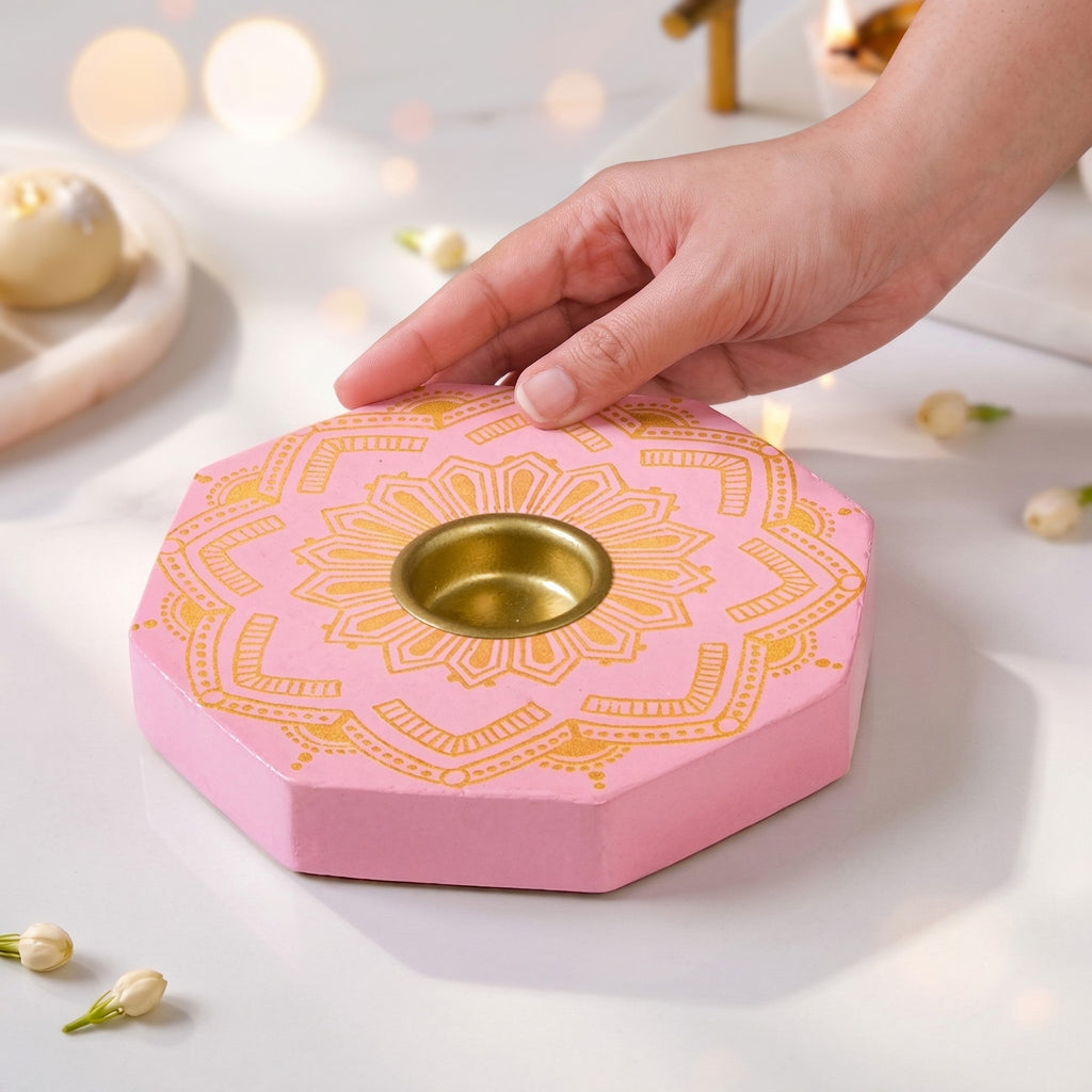 Lumia Octagona Handpainted Tealight Holder With Tealight Pink Nestasia
