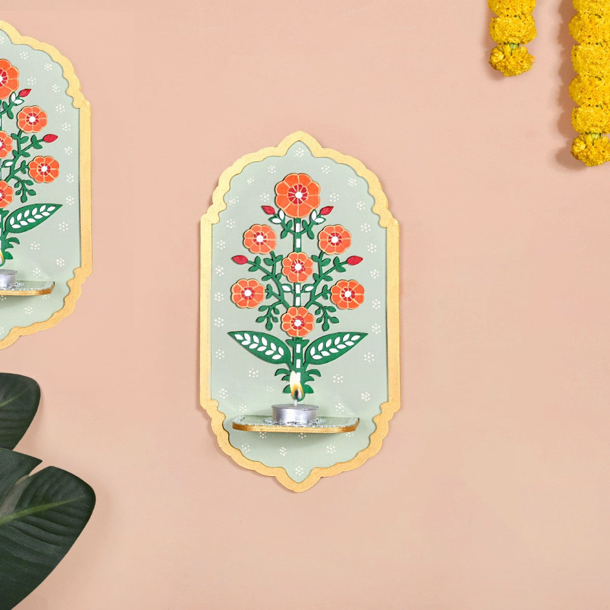 Phool Mirror Work Tealight Candle Holder Lippan Wall Art Set Of 2 Nestasia