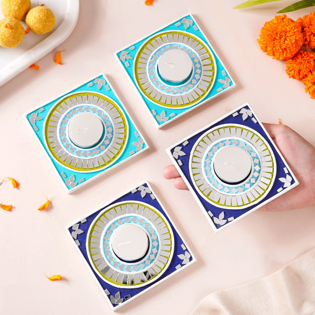 Geometric Blues Lippan Art Tealight Candle Holder Set Of 4 Nestasia