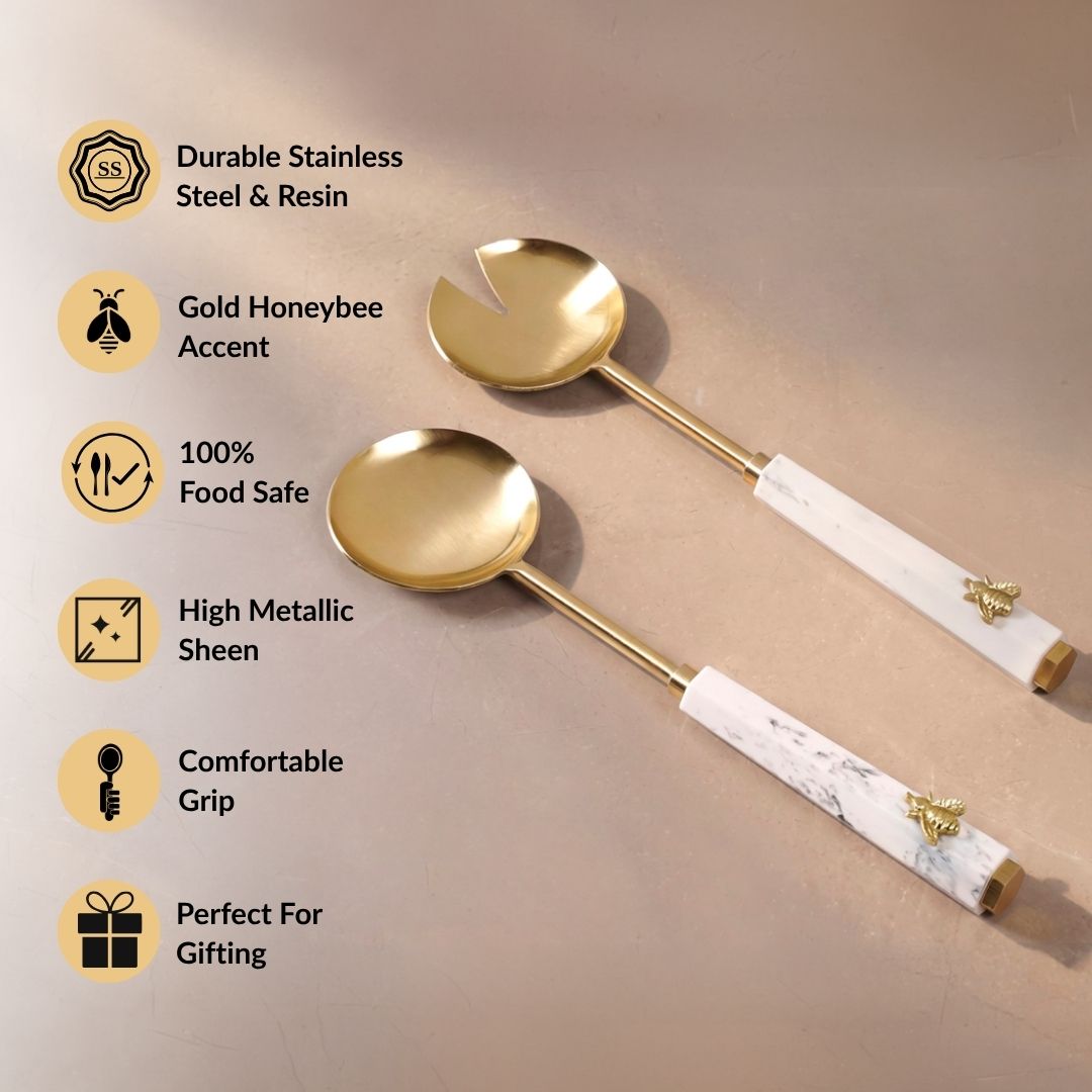 Marble Gold Honeybee Serving Spoon Set Of 2 Nestasia