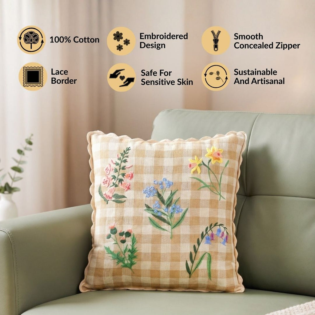 Gingham Florals Cushion Cover 46x46cm Nestasia