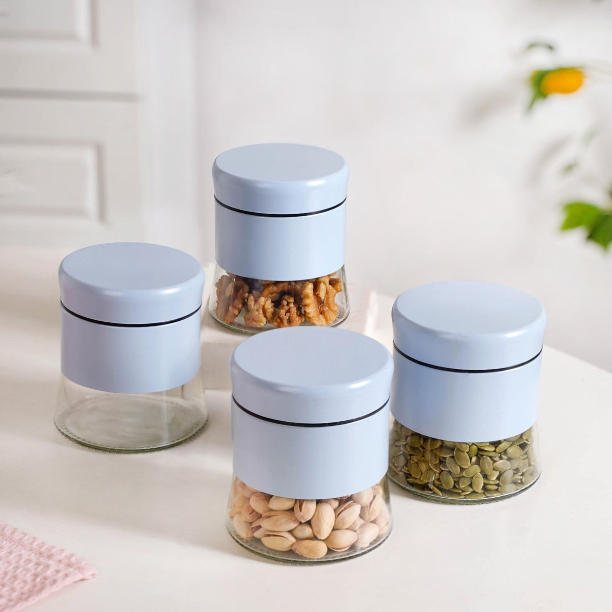 Blue Winnie Glass Jar With Metal Cover Set Of 4 600ml Nestasia