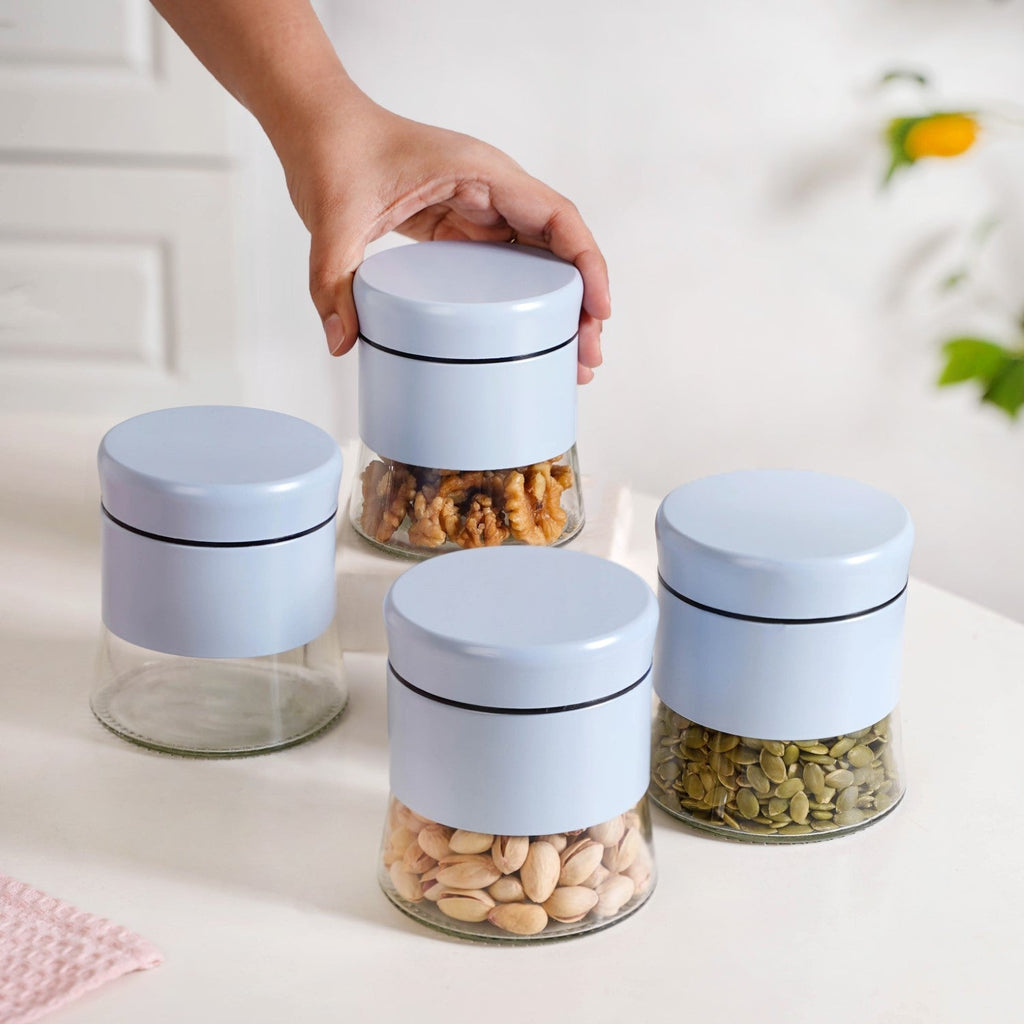 Blue Winnie Glass Jar With Metal Cover Set Of 4 600ml Nestasia