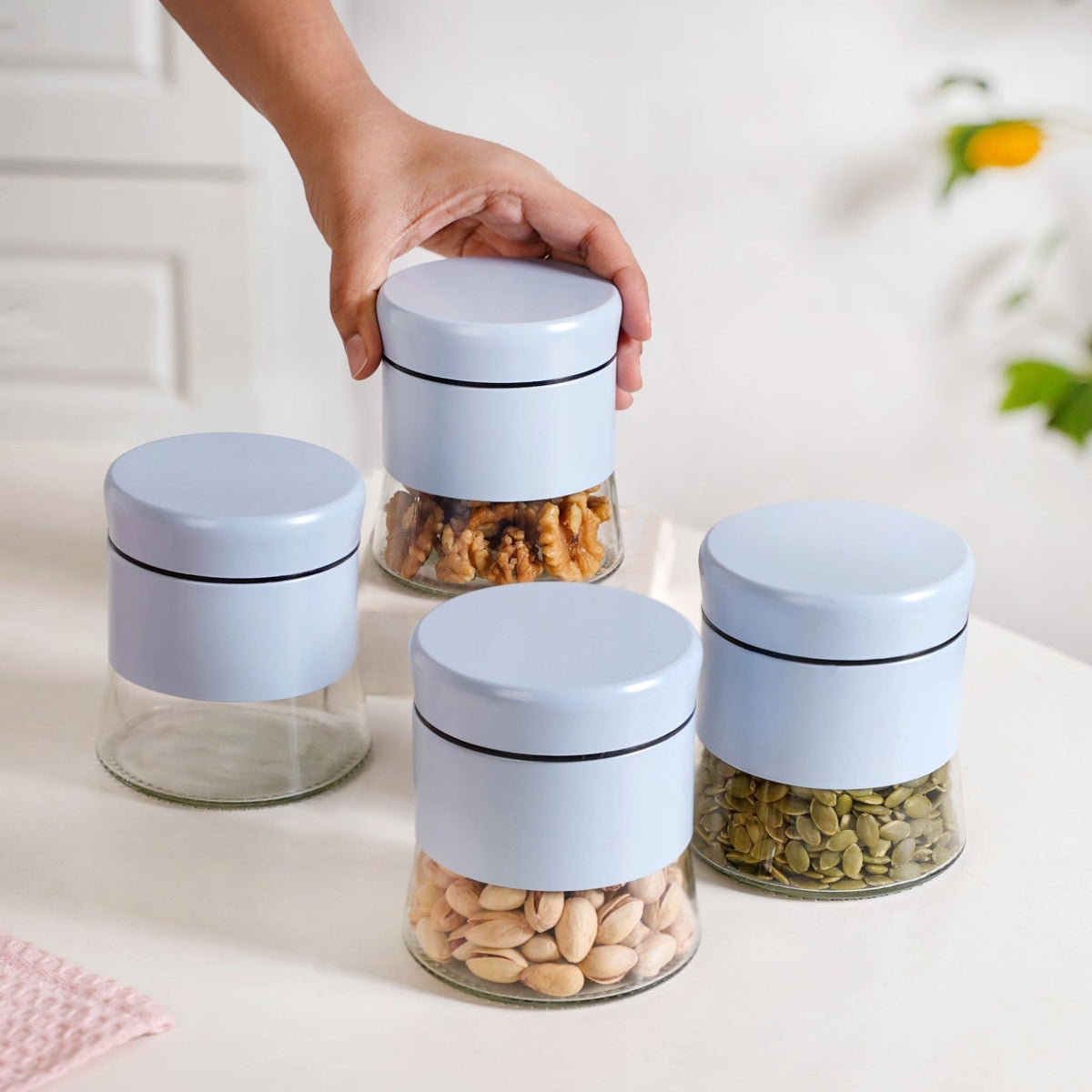 Blue Winnie Glass Jar With Metal Cover Set Of 4 600ml Nestasia