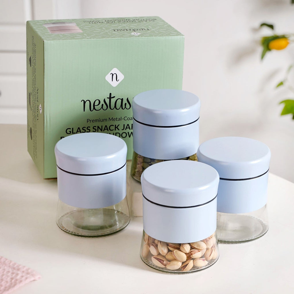 Blue Winnie Glass Jar With Metal Cover Set Of 4 600ml Nestasia