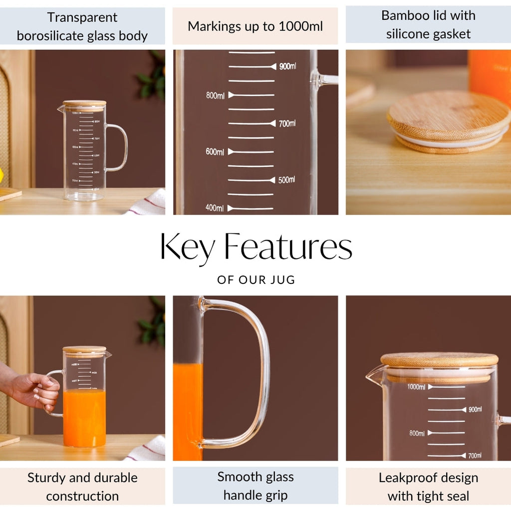 Glass Jug With Measuring Marks And Bamboo Lid 1000ml Nestasia