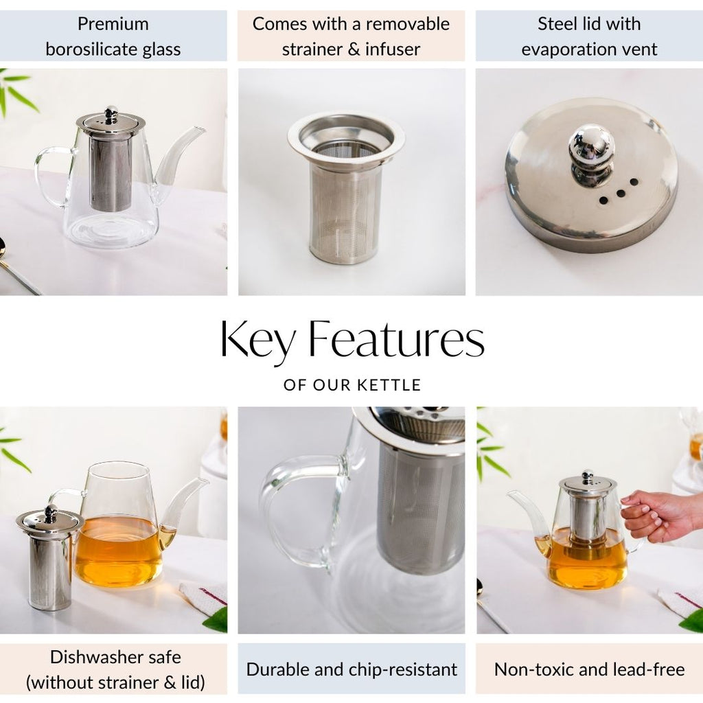 Glass Kettle With Tea Strainer Flame Safe 900ml Nestasia