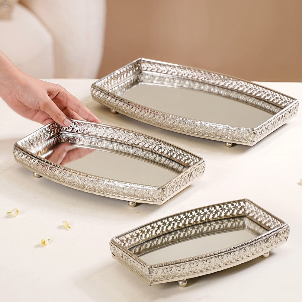 Luxury Mirror Tray Silver Set Of 3 Nestasia