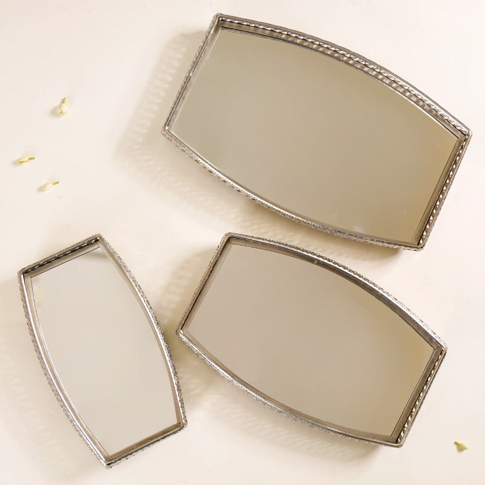 Luxury Mirror Tray Silver Set Of 3 Nestasia