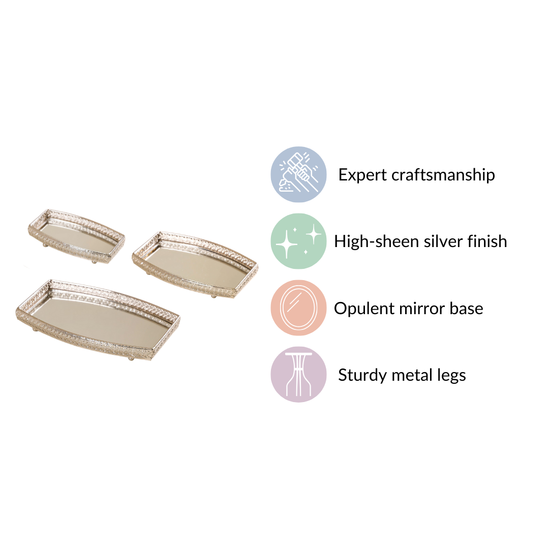 Luxury Mirror Tray Silver Set Of 3 Nestasia