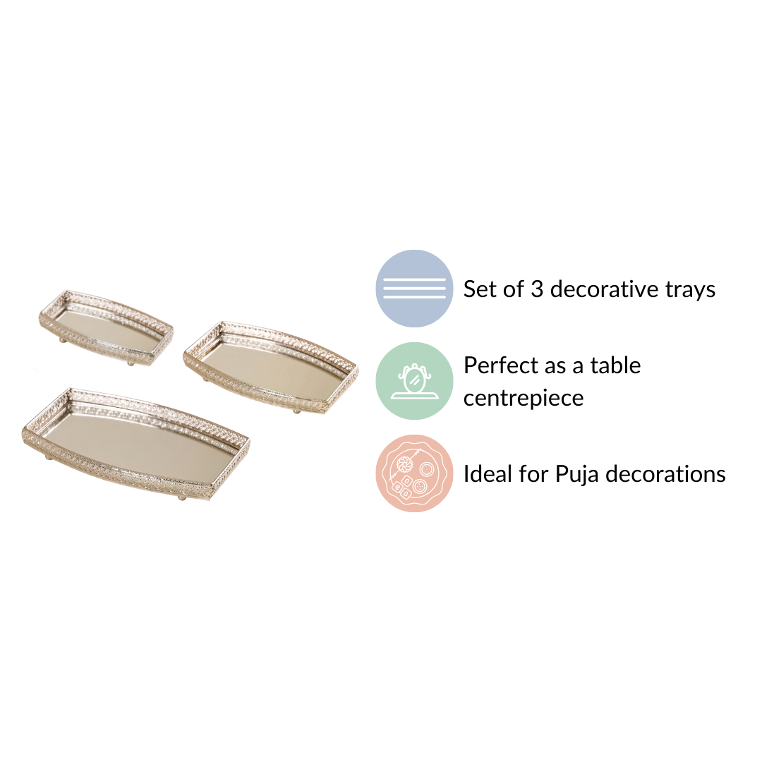 Luxury Mirror Tray Silver Set Of 3 Nestasia