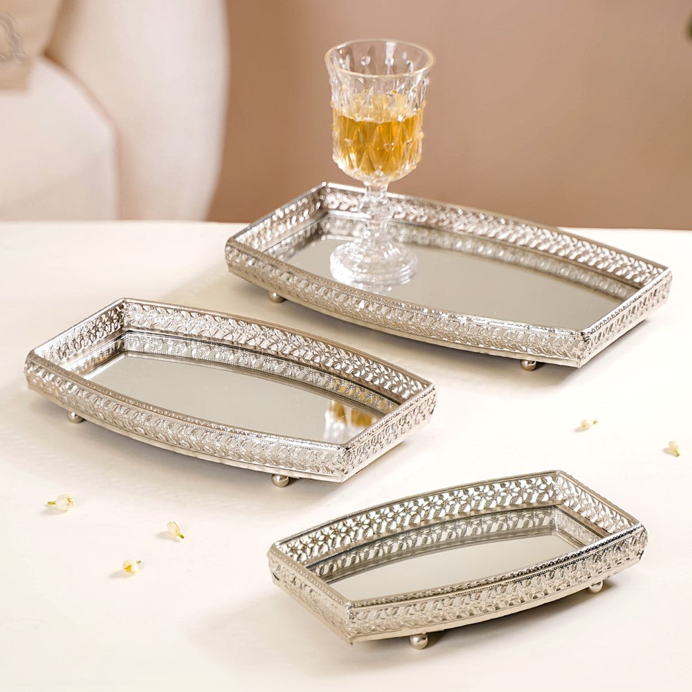 Luxury Mirror Tray Silver Set Of 3 Nestasia