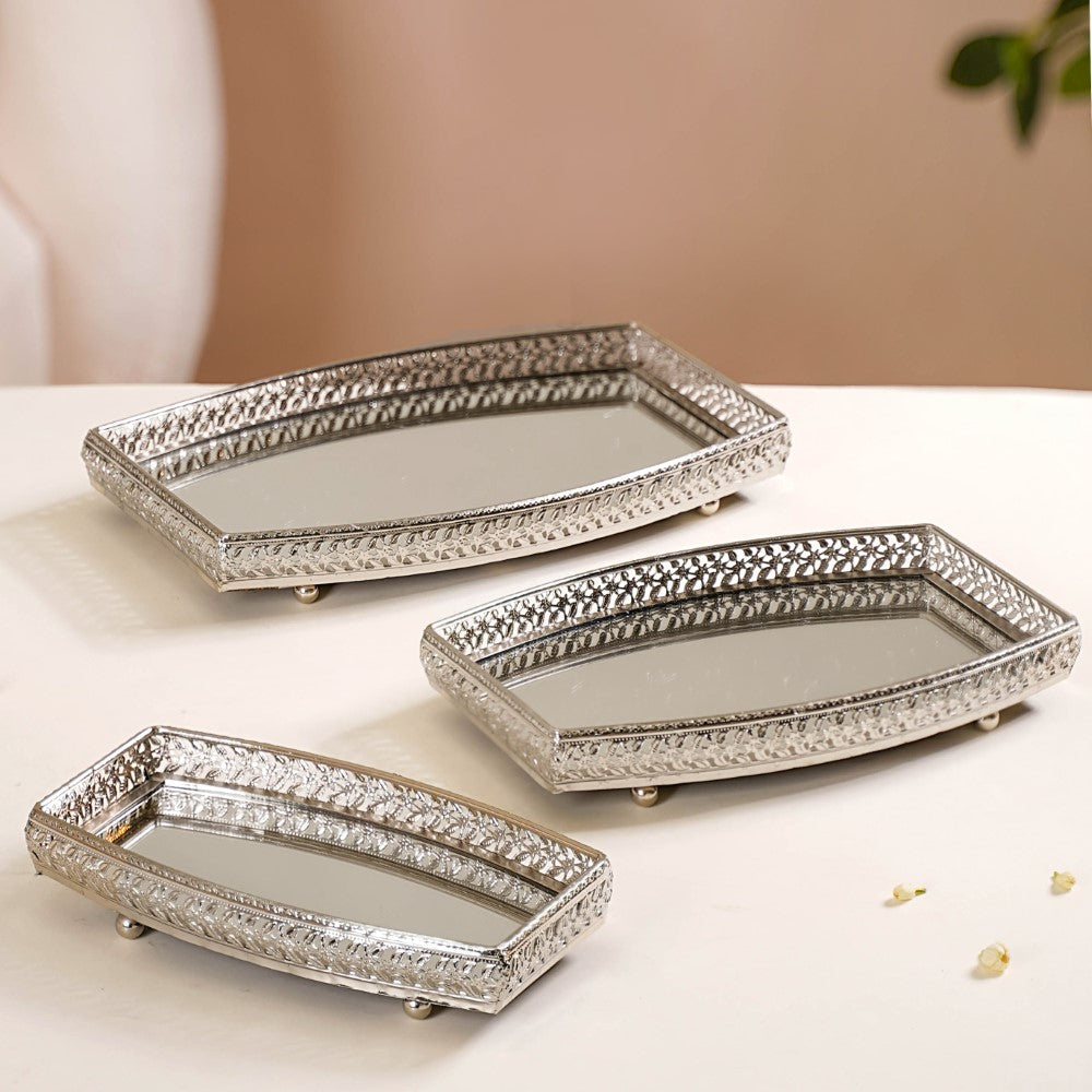 Luxury Mirror Tray Silver Set Of 3 Nestasia