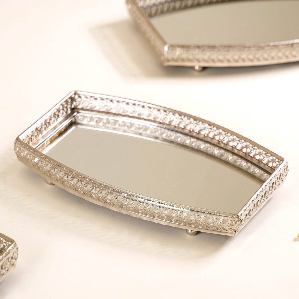 Luxury Mirror Tray Silver Set Of 3 Nestasia