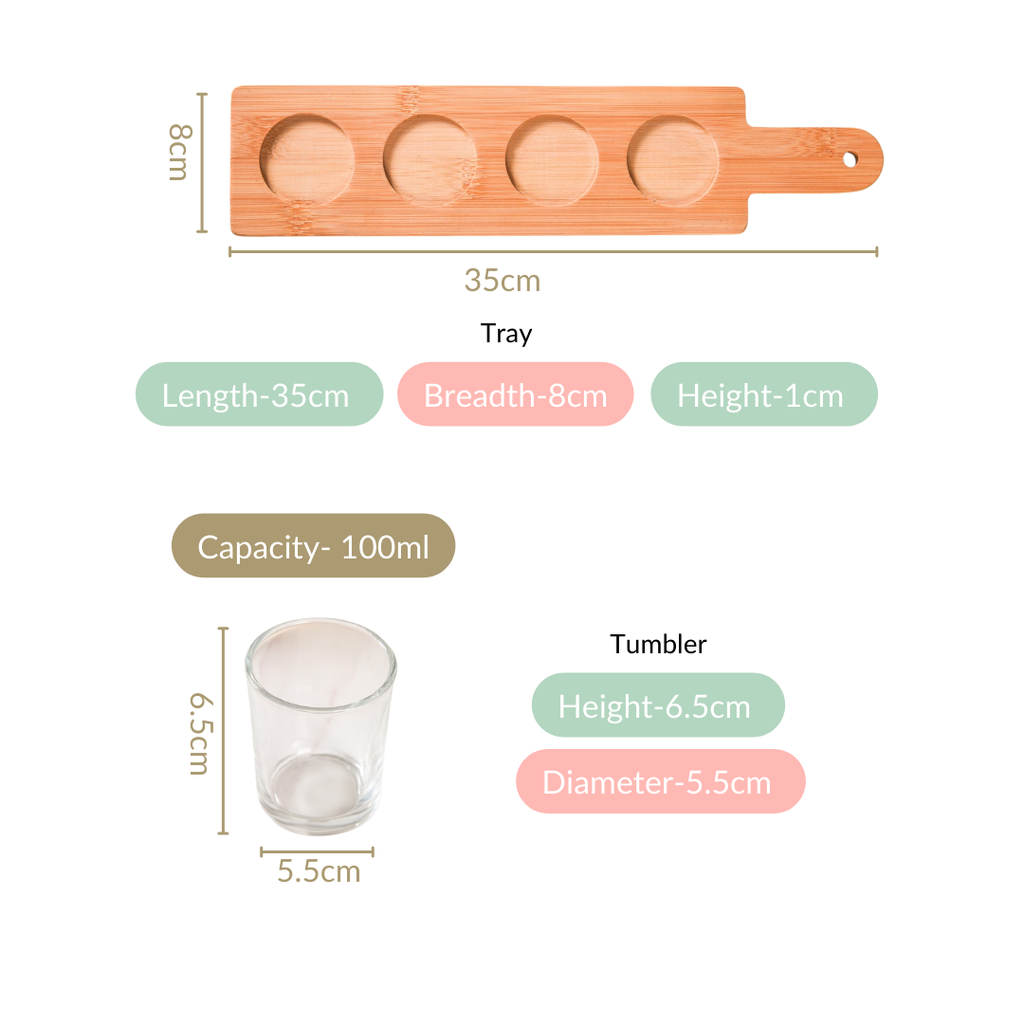 Set Of 4 Shot Glasses With Wooden Tray 100ml Nestasia