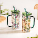 Set Of 2 Springtime Leakproof Borosilicate Glass Travel Sipper Cup With Straw 365ml Nestasia